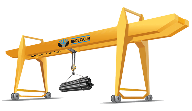 A large Goliath gantry crane used for lifting and moving heavy loads in an industrial setting, featuring a robust steel frame and wide span for maximum efficiency.